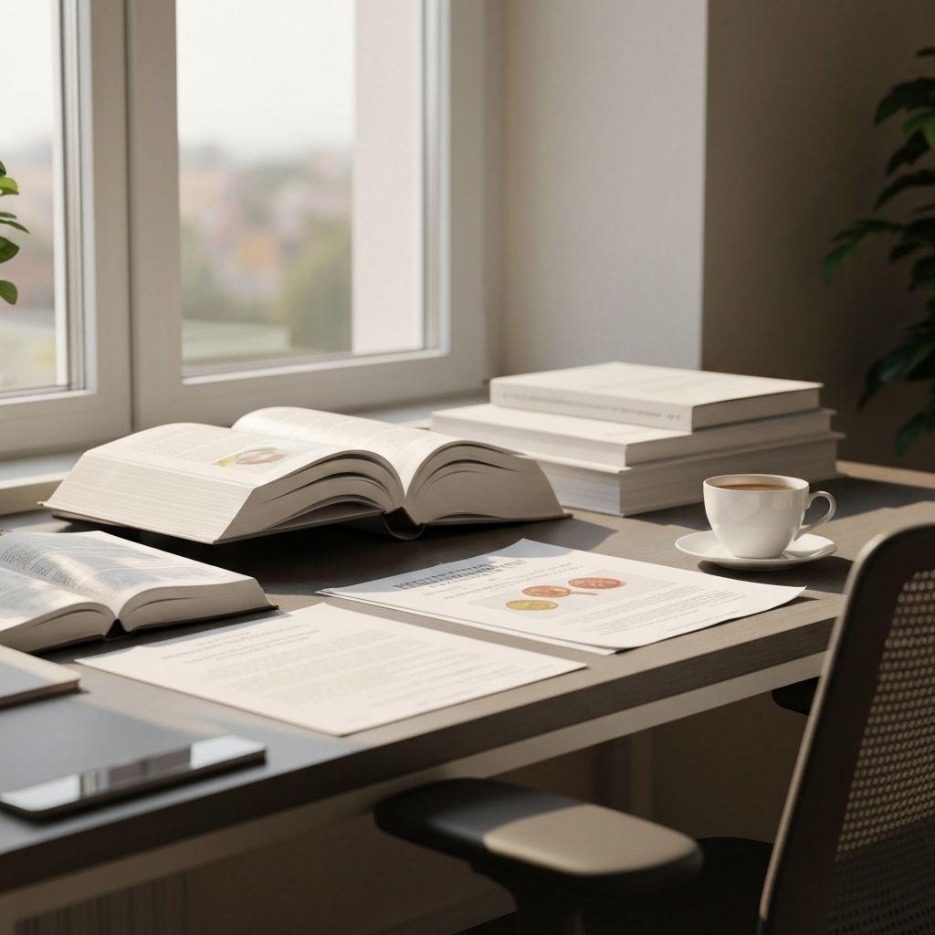 Professional workspace with research materials and natural light
